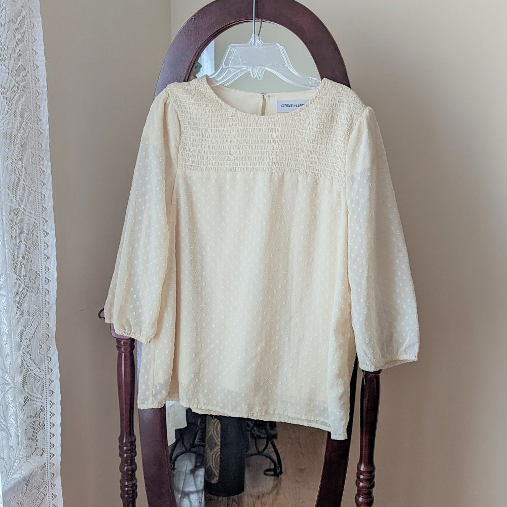 Citrus and Lemon cream swiss dot smocked blouse - small
